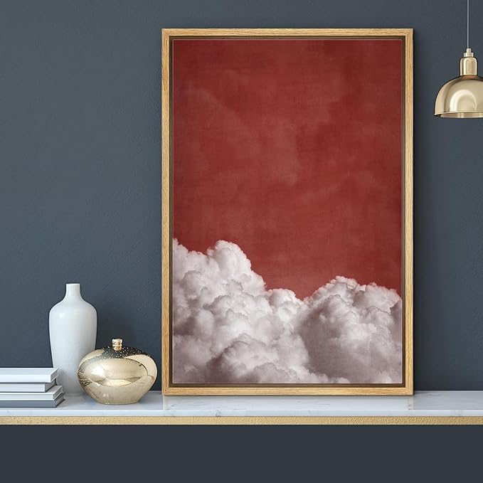 MUDECOR Framed Canvas Print Wall Art Dramatic Red Sky & White Clouds Modern Cloudscape Illustrations Digital Art Decorative Bohemian Contemporary for Bedroom - 16"x24" Natural