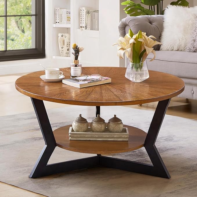 Round Coffee Table, Wood Circle Coffee Table with 2-Tier Storage, Center Table for Living Room Bedroom Office Apartment, Easy Assembly, 35'x 18' Inches, Espresso
