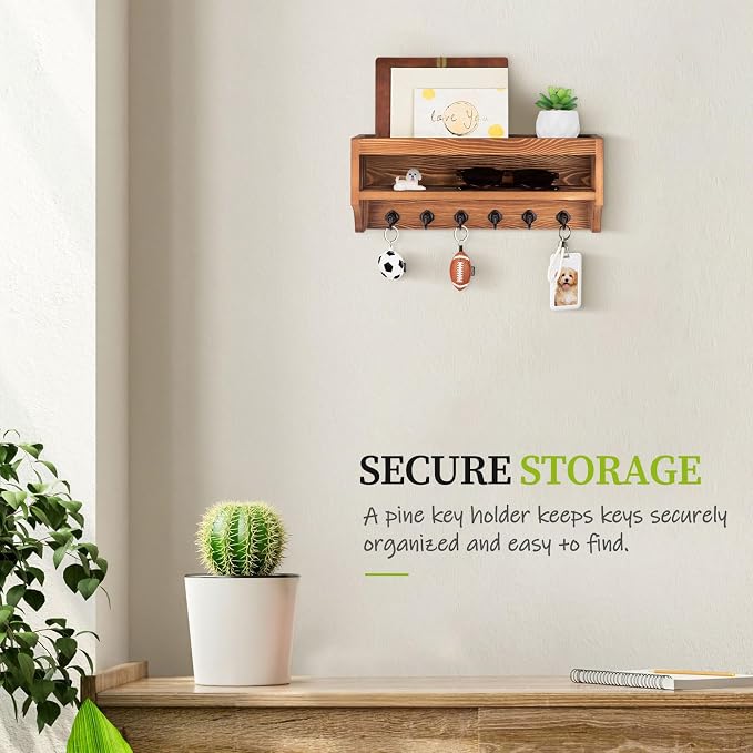 Nekon Key Holder Wall Mount, 12.8" W x 5.6" H x 3.7" D Wall Mounted Key and Mail Organizer with 6 Key Hooks, Key Racks for Home Entryway Decor (Light Brown)
