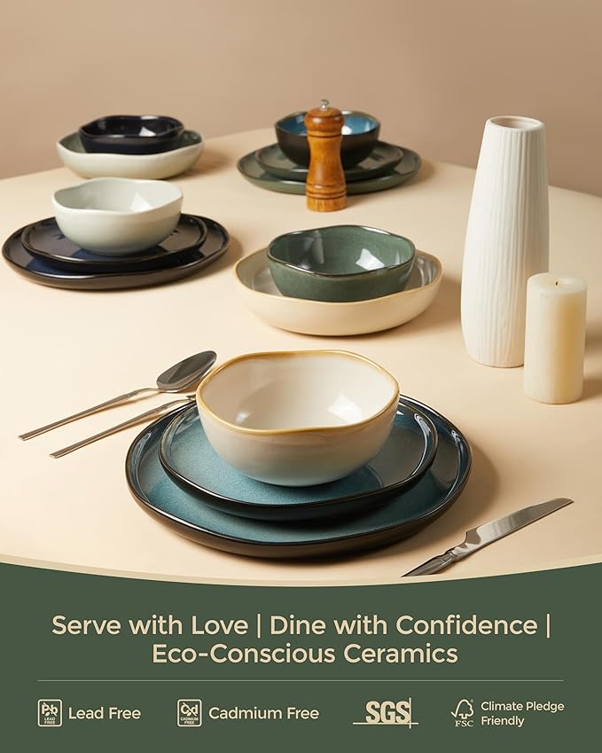 Pokini Plates and Bowls Sets for Family of 6, Ceramic Dinnerware Sets, Kitchen Dish Set, Microwave & Dishwasher Safe Dishware, Highly Durable Reactive Glazed Dinner Set, Forest Green