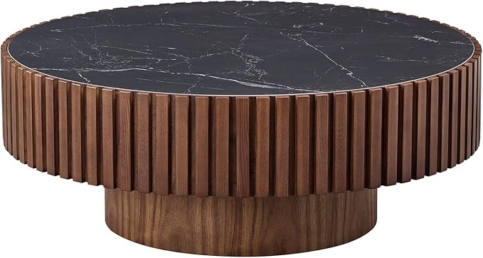 Round Coffee Table, 35.43" Circle Sintered Stone Tabletop, Modern Wood Fluted Coffee Table for Living Room Apartment, Easy Assembly (Walnut)