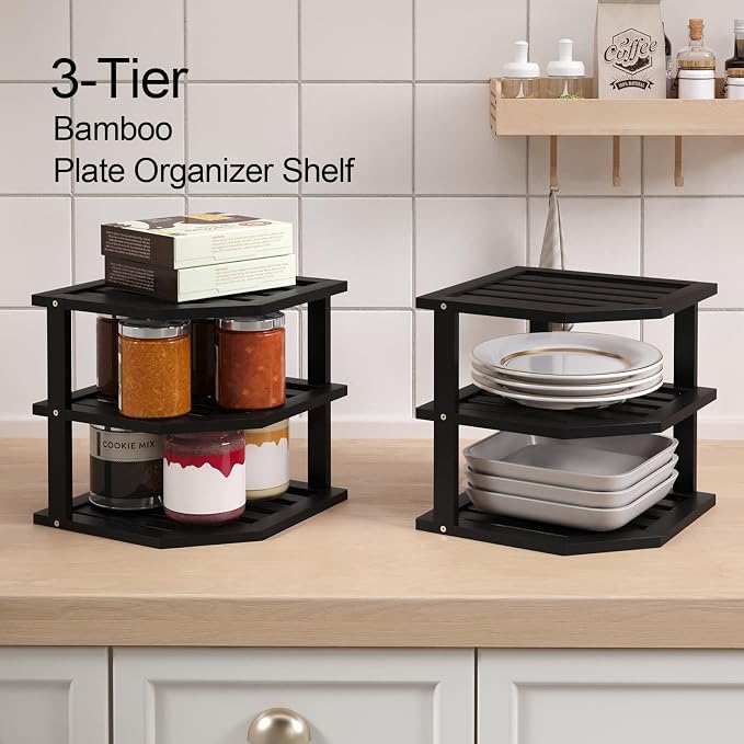 VERTORGAN 3 Tier Bamboo Corner Shelf,Dish Drying Rack,Plate Organizer,Kitchen Spice Rack for Countertop and Cabinet(Black)