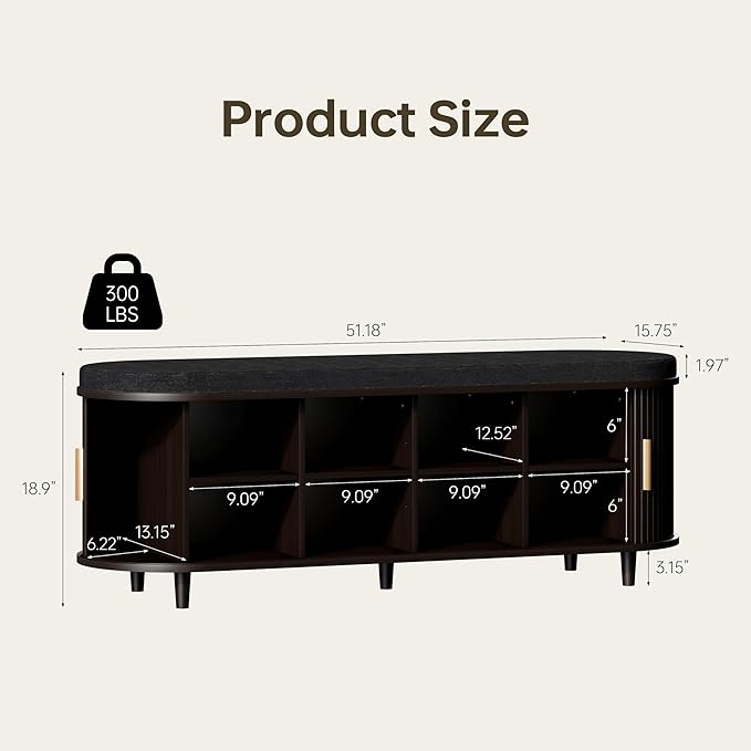 Entryway Bench with Storage: 51.2" Wooden Bedroom Shoe Bench with Thickened Padded Seat Cushion, Mid Century Modern Fluted Sliding Door and Adjustable Shelf, for Entryway, Living Room