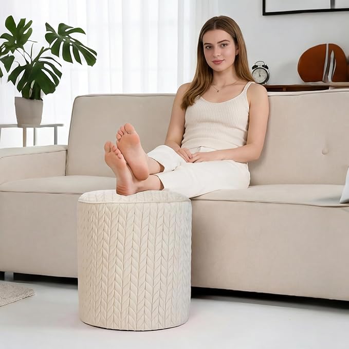 Modern Round Vanity Stool, Small Wheat Pattern Ottoman, Cute Velvet Foot Stool, Tufted Fabric Footrest, Upholstered Vanity Chair, Stool for Makeup, Bedroom, Living Room (1PCS, Wheat Pattern-Beige)