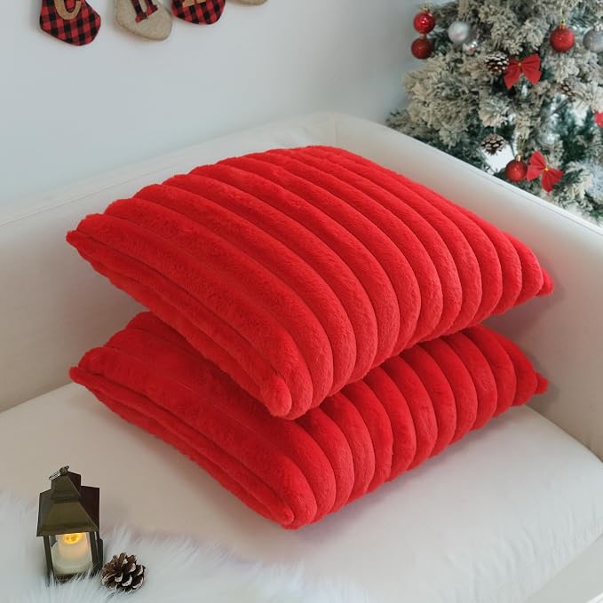 JOJUSIS Pack of 2 Faux Fur Plush Decorative Throw Pillow Covers Couch Cushion Case Soft Pillowcases (Red, 18 x 18-Inch)