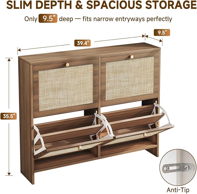 Nicetree Shoe Cabinet Storage for Entryway, 4-Flip Drawer Narrow Shoe Rack with Adjustable Shelves, Boho Modern Square Rattan Shoe Organizer, Slim Wood Storage Cabinets for Small Spaces Fits Size 13.5