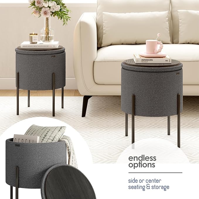 Round Ottoman with Storage, Boucle Storage Foot Stool, Makeup Vanity Stool, Small Ottoman Foot Rest, Modern Ottomans for Living Room and Bedroom, Grey