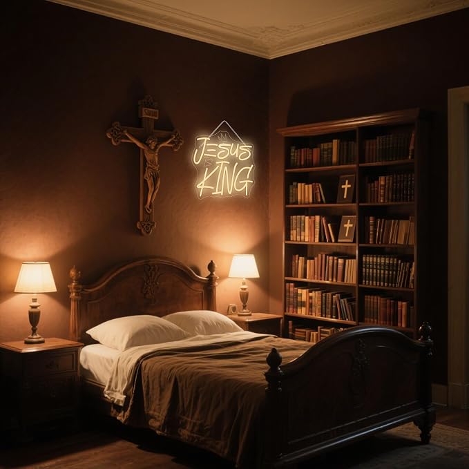 WLHOPE Jesus Is King Neon Sign Dimmable Led Signs for home Wall Decor, Neon Lights USB Powered Transparent Acrylic Board Sign for church party bedroom living room Decoration 12.99 * 12.6 inch