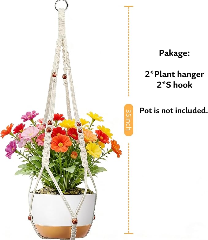 Macrame Plant Hanger Indoor Hanging Holder Window Plant Hanger Wall Outdoor Large Long Boho Home Decor Ceiling Basket Plants Hangers (2pack-Ivory)