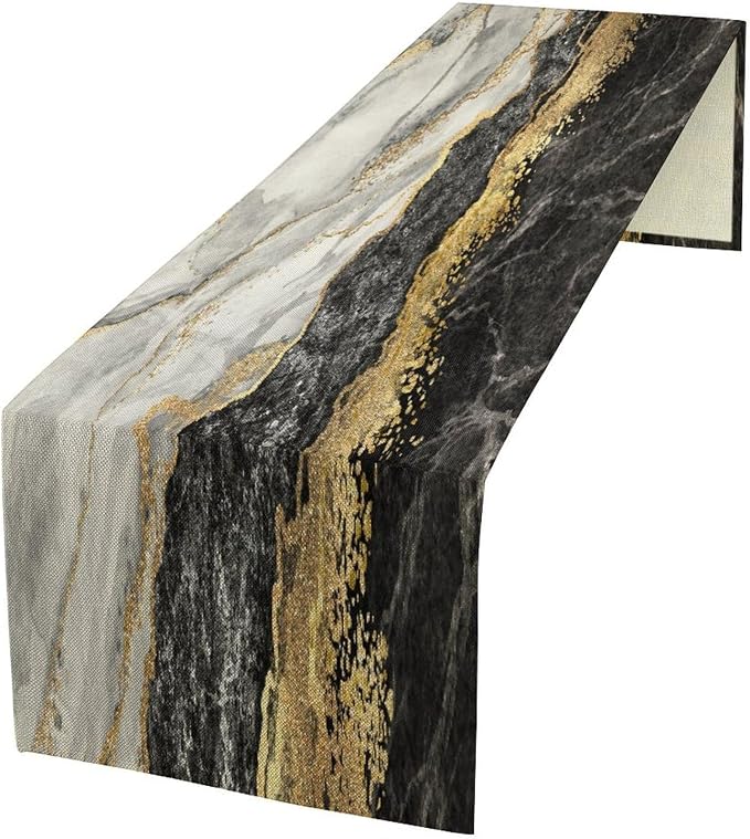 Marble Table Runner,Black Golden Marble Texture Pattern Table Runner for Coffee Table Dining Room Table Bedroom Party Holiday Decor 13x108inch