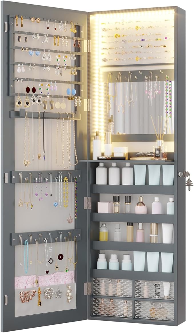 Vlsrka 47.2" LED Grey Jewelry Mirror Cabinet, Wall/Door Mounted Jewelry Armoire Organizer with Full-Length Mirror, Large Capacity Storage Hanging Cabinet, 4 Drawers, 5 Shelves