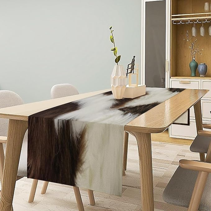 Cow Print Table Runner 3D Cow Fur Skin Brown Cowhide Country Farmhouse Wild Animal Theme Table Runner for Living Room Kitchen Dining Table Decoration 13x36in