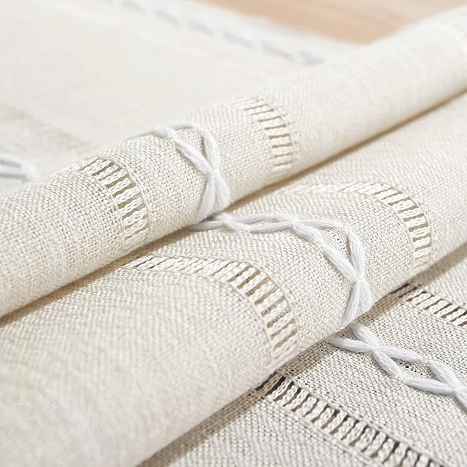 Rustic Farmhouse Style Linen Table Runner, Boho Handmade Tassel Embroidered Table Runners 60 Inches Long for Holiday Party, Wedding and Dining Decorations, 13 inchW X 60 inchL - Ivory
