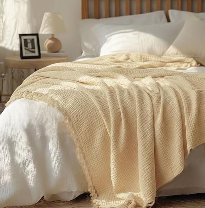 KyraHome 100% Organic Cotton Muslin Blankets for Adults, Large 60"x80", Plant Dyed, Lightweight Breathable Gauze Throw Blanket for Couch, Picnic, Summer All Season (Shortbread/Creamy)