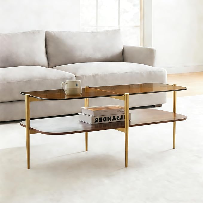 Shrine Oval Glass Coffee Table, Mid-Century Modern Design, Two-Tier Walnut MDF Rounded Corner Table, 41" D x 21" W x 17" H, Sleek Conical Metal Legs with Gold Finish