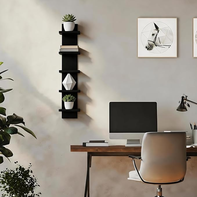 Homaterial 5 Tier Shelvesl, Vertical Column Wall Decor Mount Floating Shelves for Bedrooms, Living Rooms, Natural Finish Wall Shelf, Black