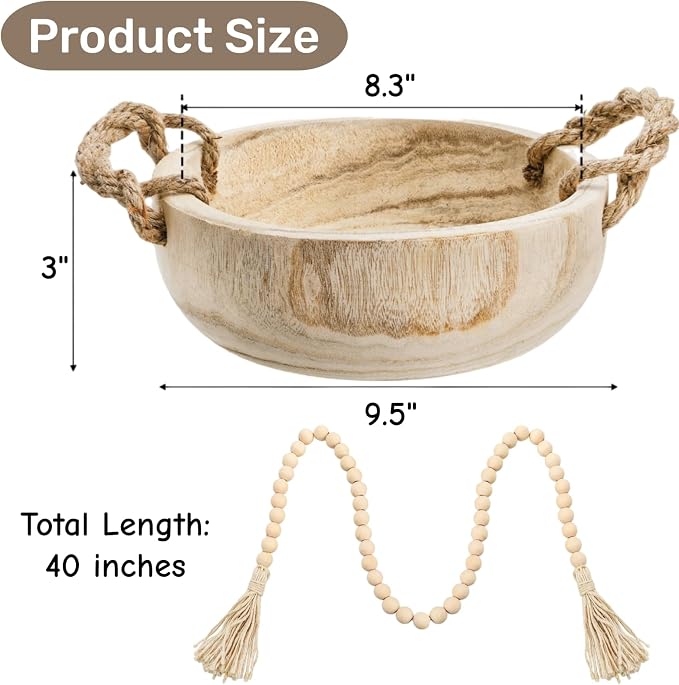 Paulownia Wood Dough Bowl, 9.5 Inch Serving Bowl with Rope Handles Bead Garland, Handmade Wooden Key Bowl for Tabletop Centerpiece Home Decor