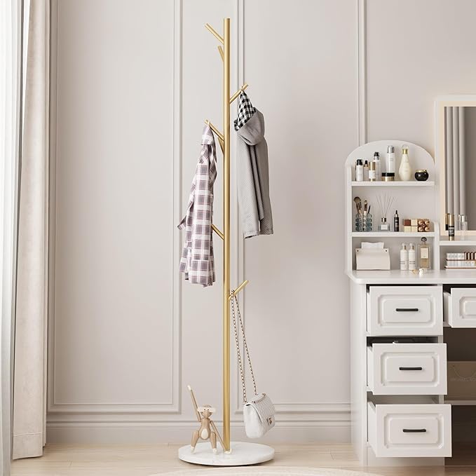Gold Coat Rack Freestanding, Metal Coat Tree with Marble Base, Coat Rack Stand with 8 Hooks, Entryway Coat Stand for Hanging Clothes, Hats, Bags