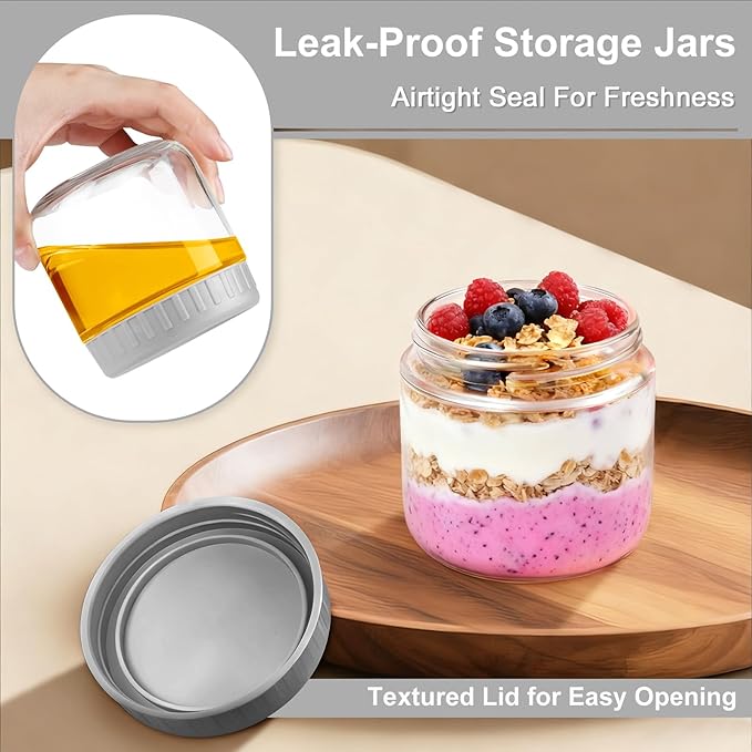 Overnight Oats Containers with Lids, 10oz Wide Mouth Mason Jars with Lids, 9 Pack Glass Jars with Airtight lid for Chia Pudding Yogurt Salad, Meal Prer Oatmeal Jars, Gray