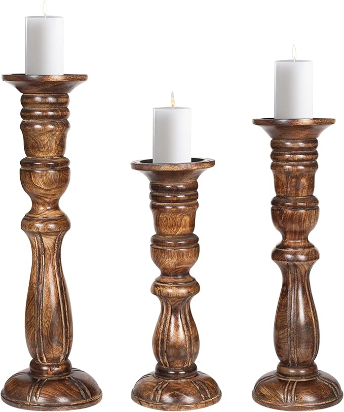 Wooden Candle Holder Set of 3, Tall Natural Burnt Pillar Candle Holders, Rustic Farmhouse Decor, Brown Wooden Candle Stands for Home Decoration - 16, 14, 12 Inch Height