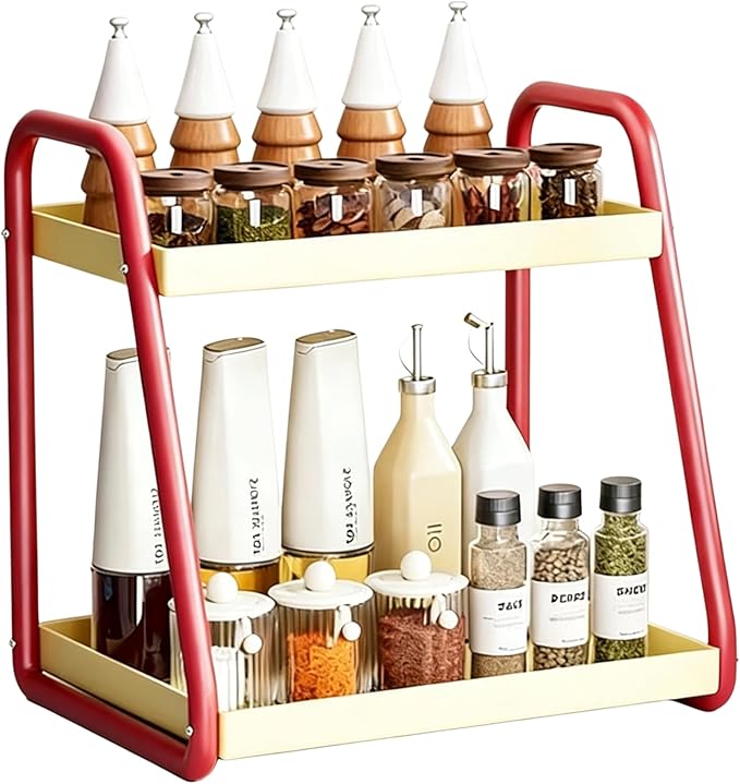 2 Tier Metal Spice Rack Pantry storage tall bottle seasoning Kitchen shelf Coffee syrup rack Coffee Bar accessories Make-up Perfume Organizer for bathroom counter coffee stand countertop Red, 15.8”