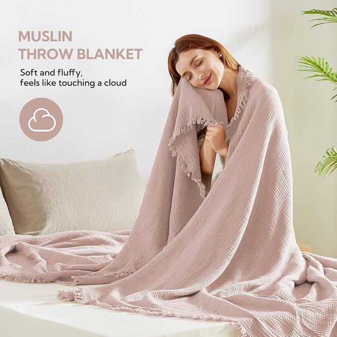 SOULFUL Muslin Throw Blanket with Tassels - Soft Queen Cotton Throw Blanket for Couch or Bed, Lightweight and Breathable Gauze for All Seasons, LightChampagne, 90" x 90"