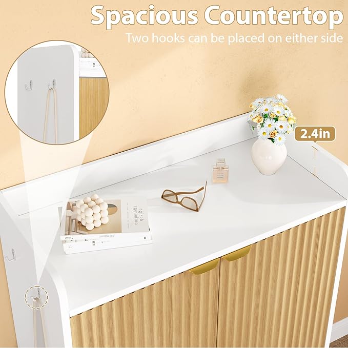 DreamDashio Fluted Shoe Cabinet Storage with Doors, 5-Tier Modern Shoe Storage Cabinet with Side Hooks, Open Shelf & Adjustable Shelves, Tall Shoe Rack Organizer Cabinet for Entryway, Hallway, White