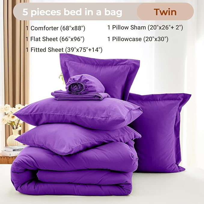 MUXHOMO 5 Pieces Twin Comforter Set, Soft Bed in a Bag Twin Size, All Season Bedding Set with Comforter, Flat Sheet, Fitted Sheet, Pillowcases & Shams, Purple