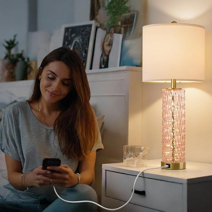 Oneach 27.75" Modern Table Lamps Set of 2, Pink Bedside Lamp with Class Nightlight, USB A+C, Unique Desk Lamps for Living Room, Bedroom, Nightstand, End Table (2 Bulbs Included)