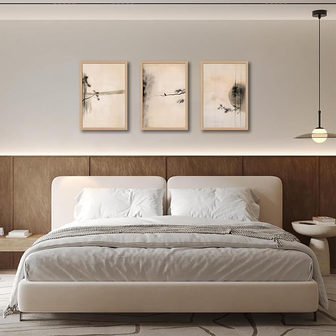 skysoon Minimalist Zen Wall Art Set of 3, Abstract Ink Landscape Canvas Prints, Neutral Pine Tree and Bird Artwork, Modern Japanese Scandinavian Wall Decor for Living Room Bedroom Office 12x16 Inch