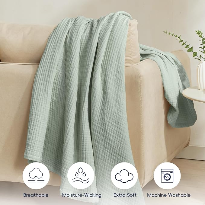 PHF 100% Cotton Muslin Throw XL Blanket Large 50" x 70", 4-Layer Lightweight Gauze Throw, Breathable Cloud-Soft Minimalist Blanket for Bed, Couch, Camping, Sage Green, Ideal Gift