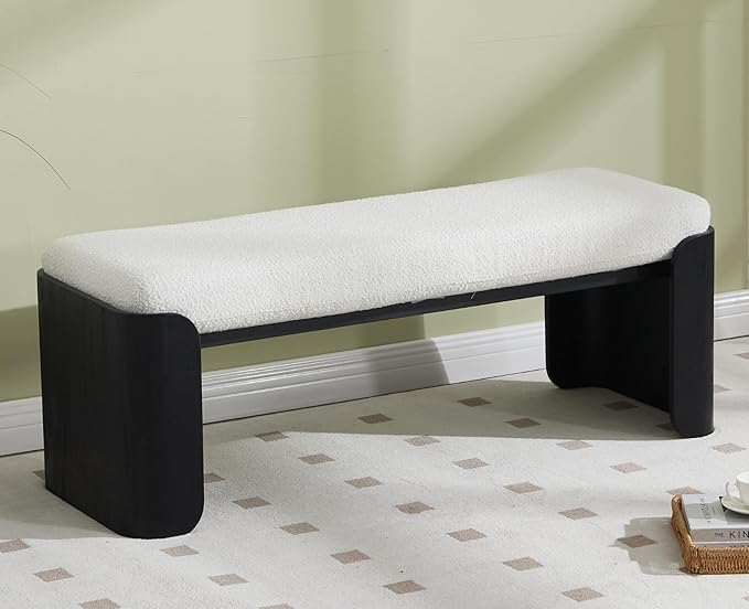 Shunzhi Modern Upholstered Entryway Bench for Bedroom 49” End of Bed Bench with Black Wood Leg Window Ottoman Bench for Living Room/Bedroom/Hallway/Indoor, White Sherpa