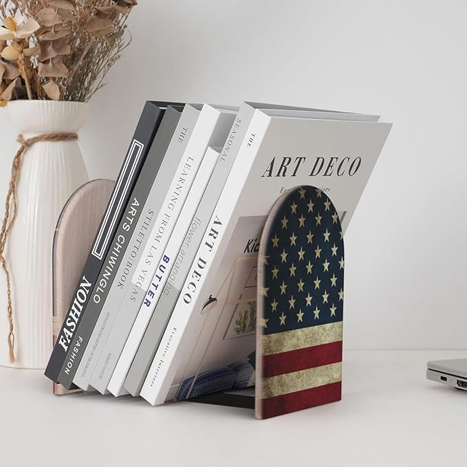Ouqiuwa Vintage American Flag Wood Book Ends L-Shaped for Shelf Holders 2 Pcs, US Flag Book Organizers 4.2 * 6.7 Inches Decorative for Home Office Library