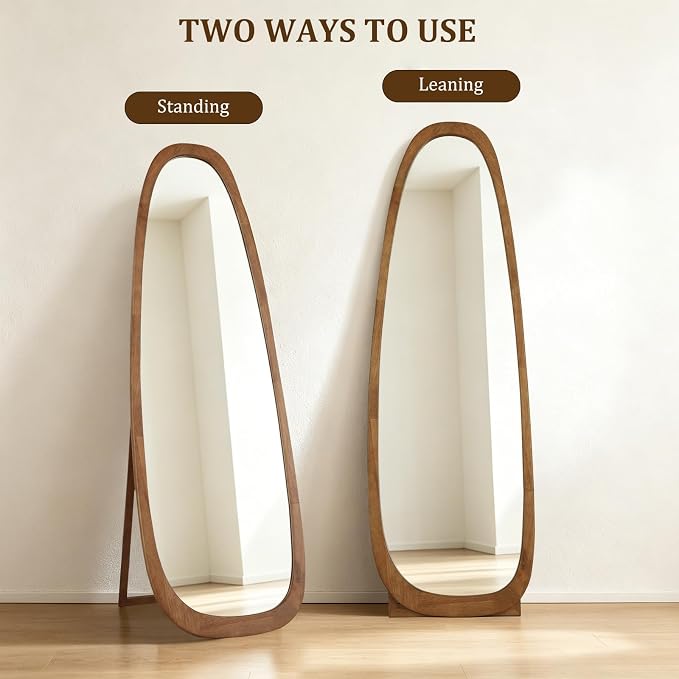 WallBeyond 22x65 Inch Irregular Pebble Full Length Mirror with Stand, Tempered Glass Floor Mirror with Wooden Frame,for Bedroom, Living Room, Cloakroom(Walnut)