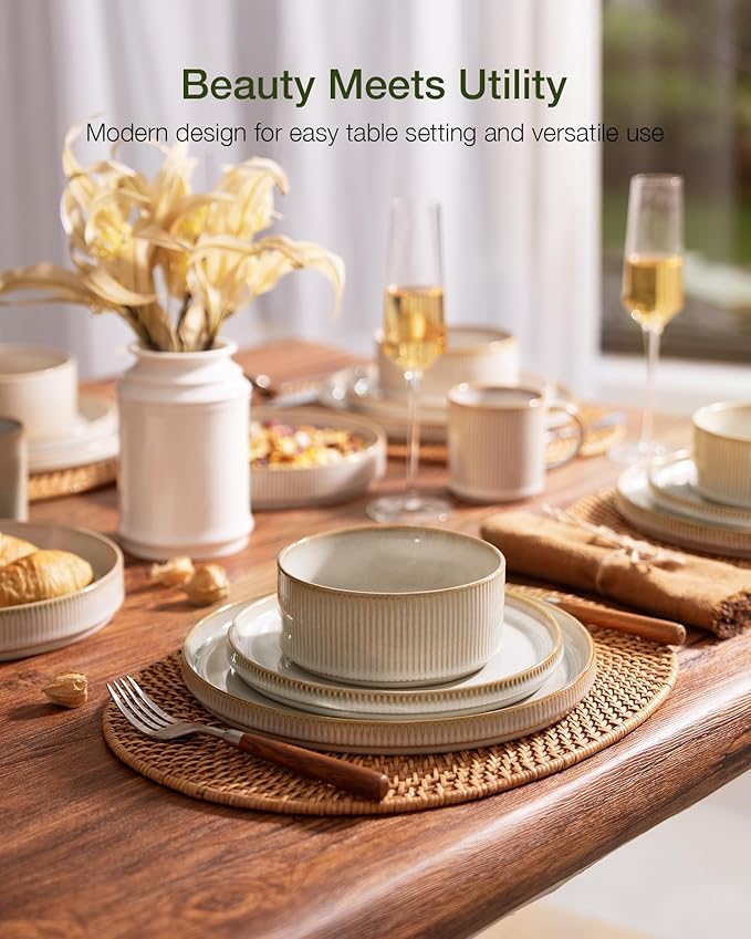 Famiware Star Dinnerware Set with Pasta Bowls, Service for 4 (16pcs), Ribbed Stoneware Plates and Double Bowls Dishes Sets - Chip & Scratch Resistant, Microwave & Dishwasher Safe, Cappuccino White
