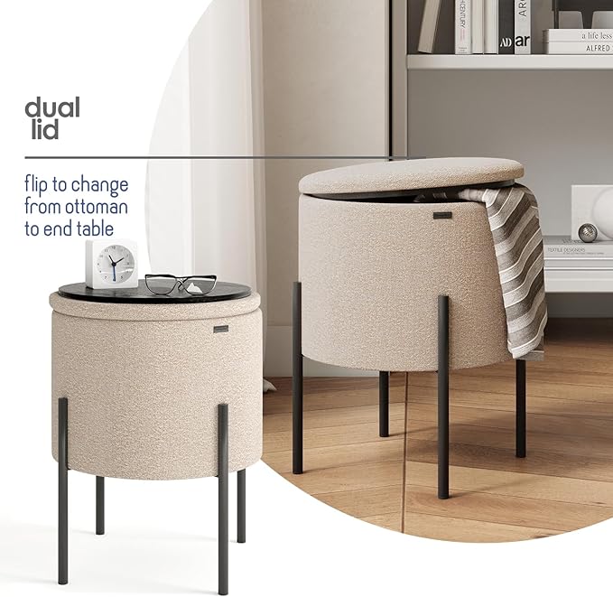 Round Ottoman with Storage, Boucle Storage Foot Stool, Makeup Vanity Stool, Small Ottoman Foot Rest, Modern Ottomans for Living Room and Bedroom, Beige
