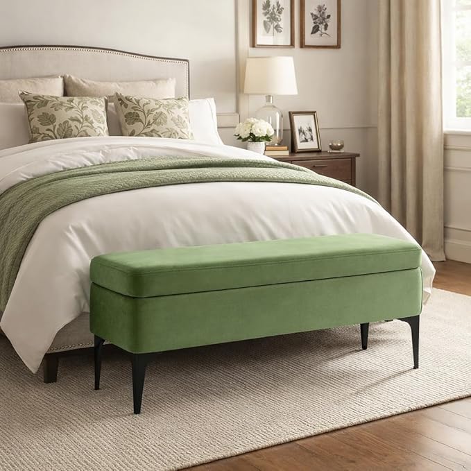 HomePop Upholstered Storage Bench with Metal Leg, 42" W, Green Velvet