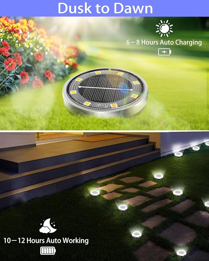 Solar Lights Outdoor Waterproof, 8 Pack 8 LED, Thickened Stainless Steel Ground Light, Solar Garden Lights Landscape Lighting for Patio Pathway Lawn Yard Deck Driveway Walkway, Cool White