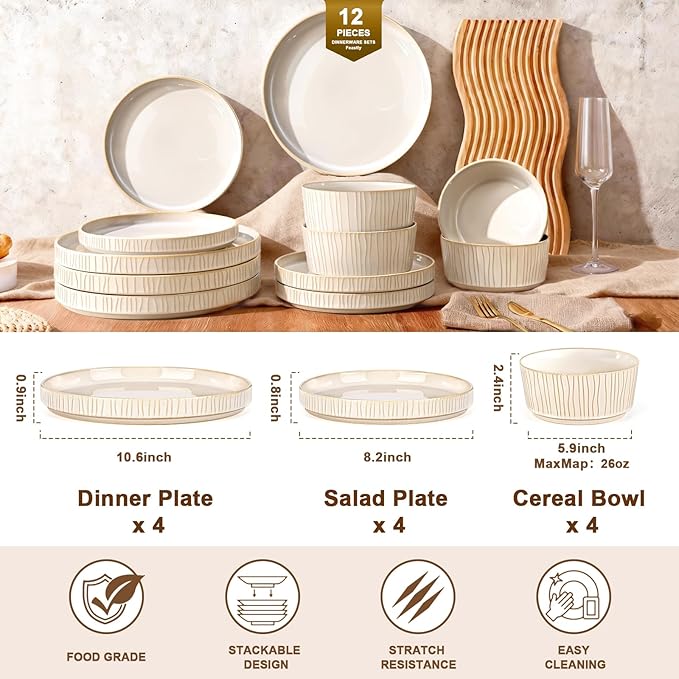 Stoneware Dinnerware Sets for 4, 12 Pcs Ribbed Reactive Glaze Ceramic Plates and Bowls Sets, Chip Resistant, Microwave Dishwasher Safe Dish Set, Housewarming Gifts, Cappuccino White