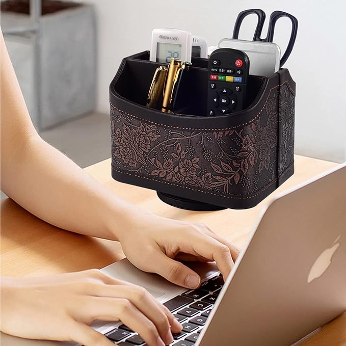 Antique Leather Remote Control Holder 360 Degree Spinning,Desk Rotating Organizer/Caddy for TV Remote Controllers,Pen,Calculator Media Player,DVD,Office Supplies,Mobile Phone Storage Box (Retro)