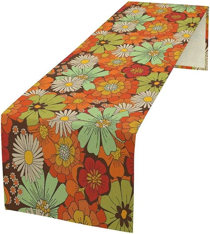 Retro Floral Table Runner Vintage Boho Groovy Hippie Flowers Dinner Runner for Home Kitchen Dining Table Holiday Party Decor 13"x108"