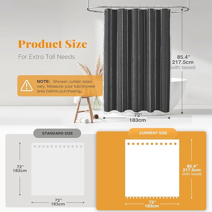 BTTN Boho Farmhouse Shower Curtain - Linen Rustic Heavy Duty Striped Fabric Shower Curtain Set, Bohemian Vintage Country Cloth Shower Curtains for Bathroom, Charcoal Grey, 72" W x 84" L (Pack of 1)