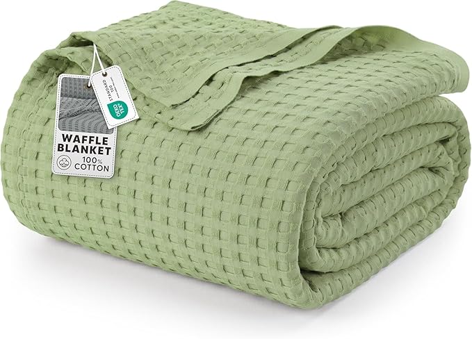 Utopia Bedding 100% Cotton Waffle Weave Blanket Queen Size for Bed - Lightweight, Breathable Summer Blankets Soft and Cozy, Gifts for Women Home Room Decor (Sage Green, 90x90 Inch)