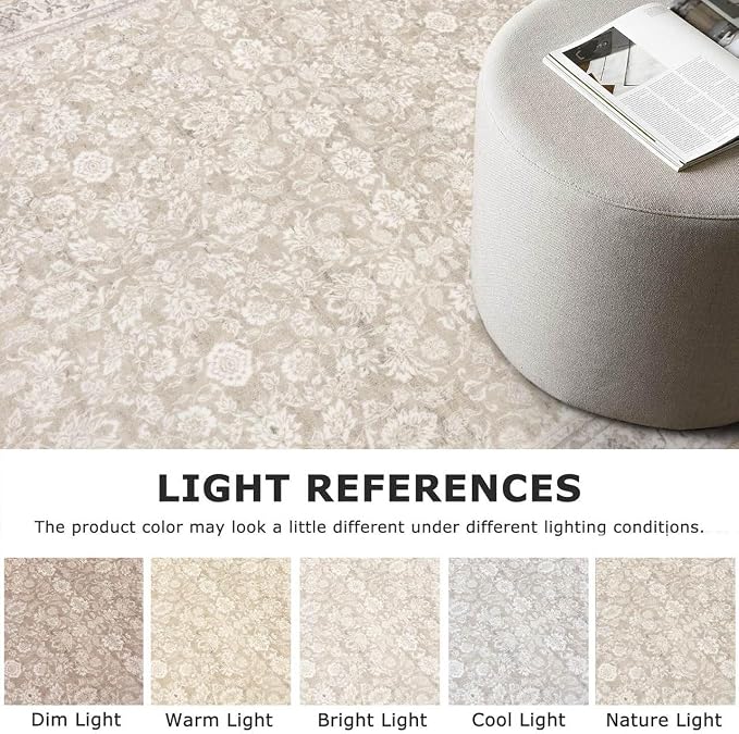 SIILOOM 3' Round Rug Washable Rug for Entryway, Cream Beige Yellow White Grey Soft Non-Slip Area Rugs Distressed Floral Low-Pile Carpet, Neutral Vintage Circle Rugs for Living Room Bedroom Foyer