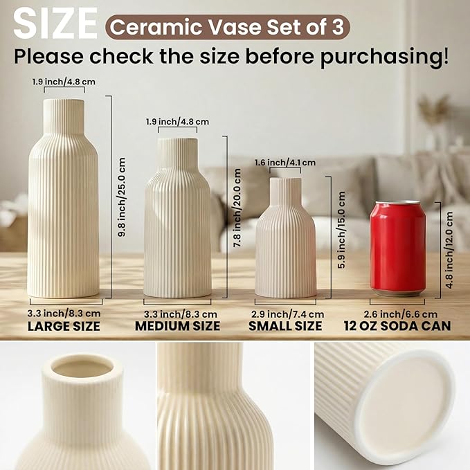 Glossy Beige Ceramic Vases Set of 3, Matte Round with 3D Ribbed Texture, Nordic Minimalist for Pampas Grass, Dried & Fresh Flowers, Centerpiece for Living Room, Shelf, Entryway, Wedding