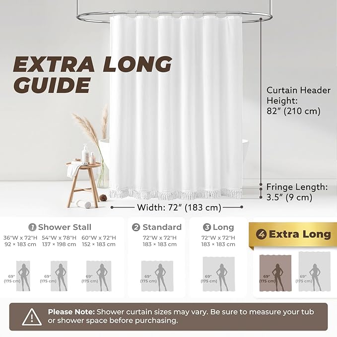Extra Long Shower Curtains 72 x 84 Inches White Linen Shower Curtain with Tassels,Modern Farmhouse Country Shower Curtain
