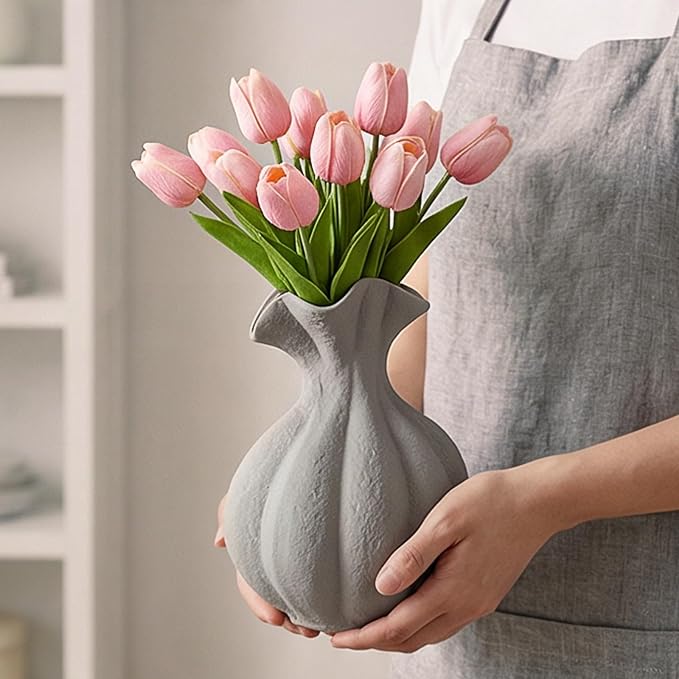 DOWAN Gray Stoneware Vase, Small Farmhouse Flower Vase for Pampas Grass, Home, Living Room, Dining Table, Rustic Decor, Office, Bedroom, Table and Kitchen Shelf (7.7")