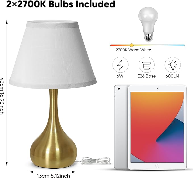 17” Touch Table Lamp for Bedroom Set of 2, 3-Way Dimmable Bedside Lamp for Nightstand, Modern Metal Desk Lamp with Linen Shade for Living Room, Kids Reading, Dorm, Home Office Decor, Bulb Included