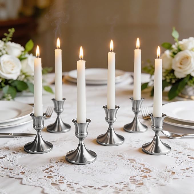 2PCS Silver Candlestick Holders Set, Small Decorative Candle Holders for Taper Candles, Vintage Metal Candlestick Holders for Dinning Table Mantel Home Wedding Party Decor
