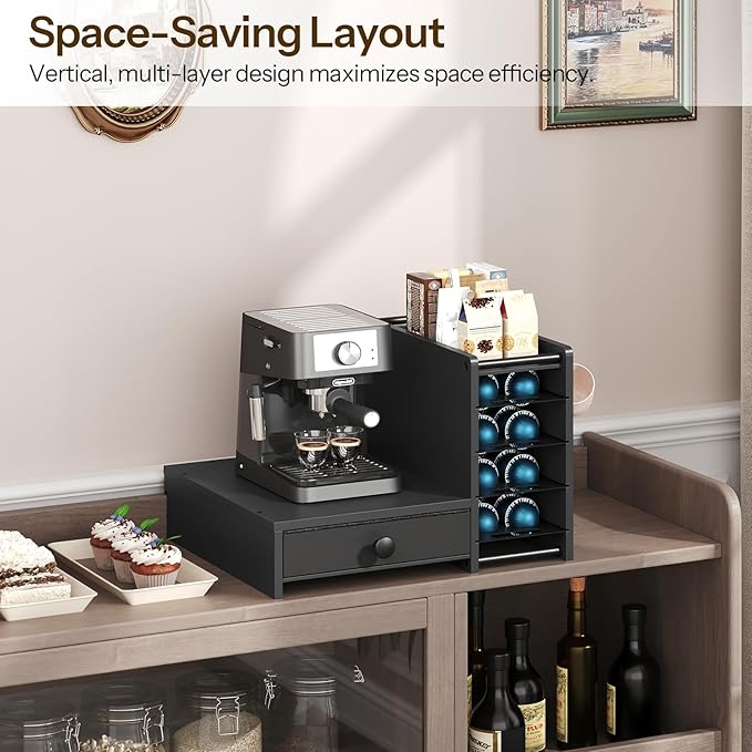 YATINEY Coffee Pod Drawer Holder, 4 Tier Holder for Vertuo, 72 Pods Large Capacity, Coffee Station Organizer with Storage Drawer and 3 Hooks, Black KH02BB